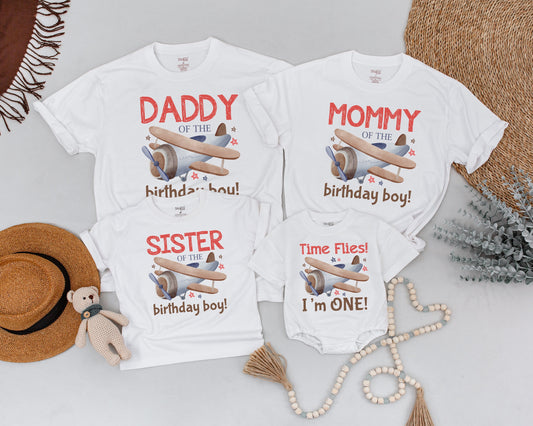 Vintage Airplane Birthday Shirt Flying Into One Flight Crew Matching Family Outfit Time Flies I'm One Mommy and Me