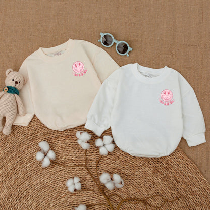 Big Sister Era Romper Set, Groovy Pink Smiley Face Outfit for Baby Girl, Retro Toddler Shirt Gift, 70s Style Bodysuit, Coming Home Outfit 135 chars