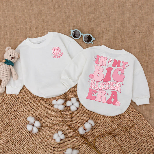Big Sister Era Romper Set, Groovy Pink Smiley Face Outfit for Baby Girl, Retro Toddler Shirt Gift, 70s Style Bodysuit, Coming Home Outfit 135 chars