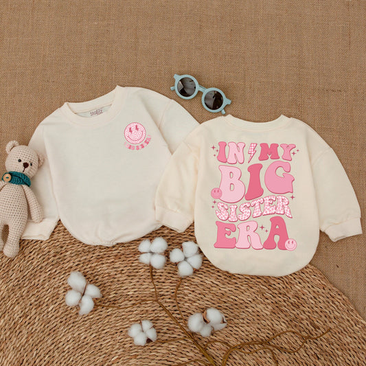 Big Sister Era Romper Set, Groovy Pink Smiley Face Outfit for Baby Girl, Retro Toddler Shirt Gift, 70s Style Bodysuit, Coming Home Outfit 135 chars