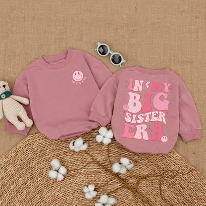 Big Sister Era Romper Set, Groovy Pink Smiley Face Outfit for Baby Girl, Retro Toddler Shirt Gift, 70s Style Bodysuit, Coming Home Outfit 135 chars