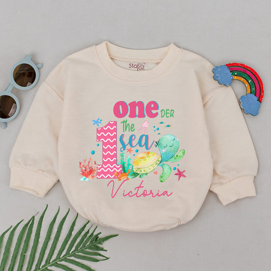 One-der the Sea Romper First Birthday Outfit Girl Under the Sea Theme Pink Teal Coral Jellyfish Turtle Starfish Toddler Gift