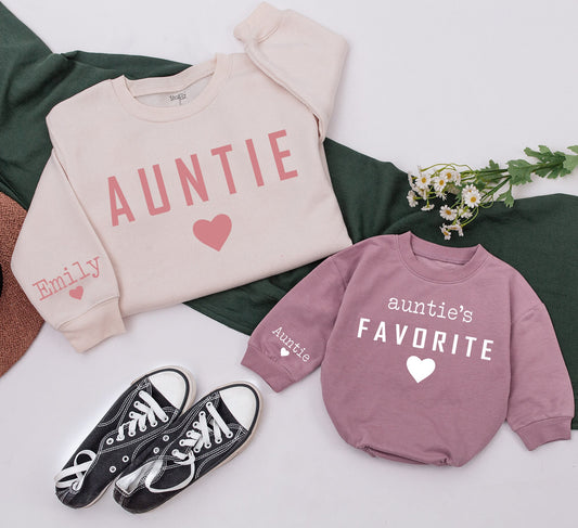 Personalized Auntie Favorite Sweatshirt with Name Custom Heart Design Aunt Niece Nephew Gift Comfort