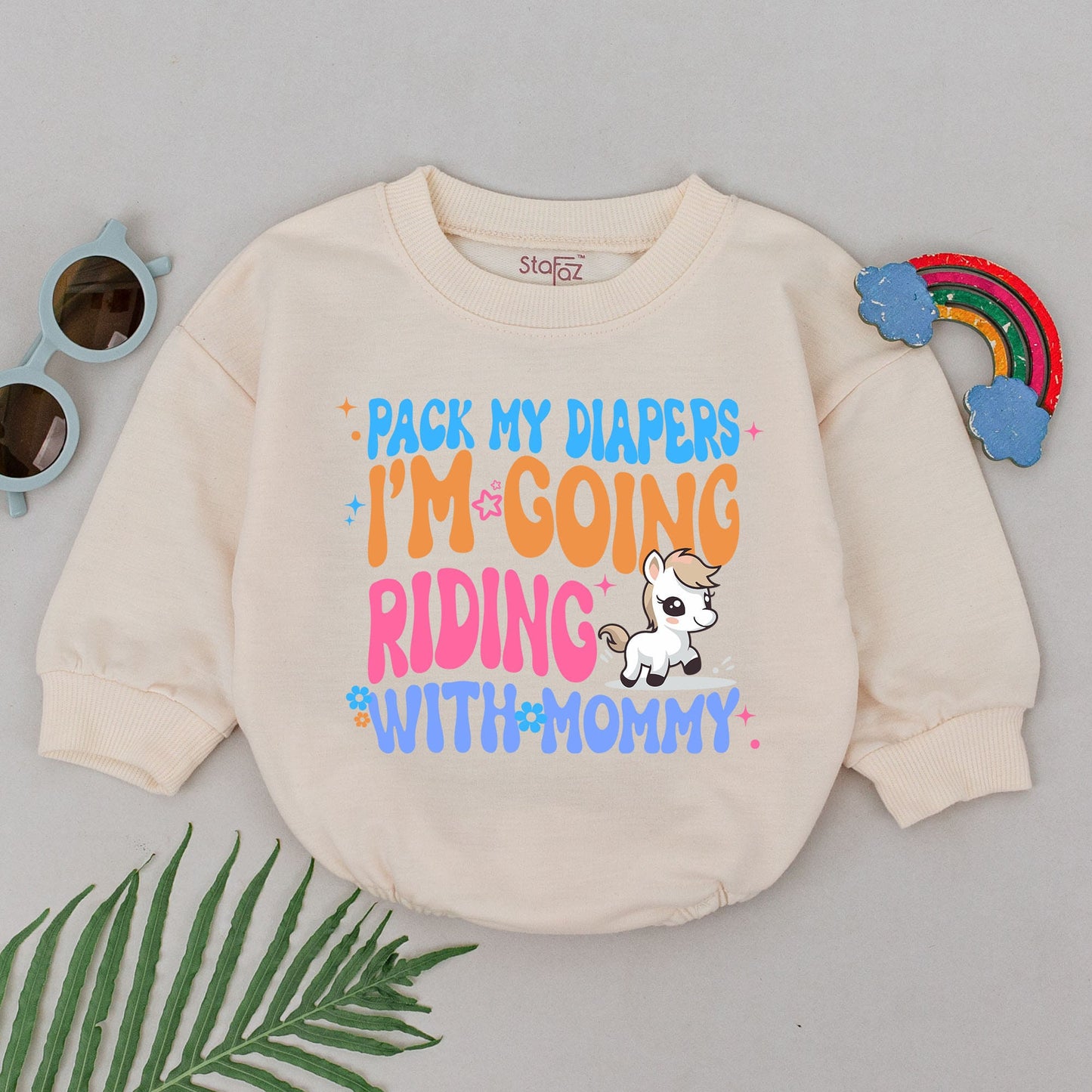Pack My Diapers Riding With Mommy Baby Romper, Horseback Riding Outfit, Newborn Gift, Girl Equestrian Design, Pink, Blue, Orange, Flower Accents (139)