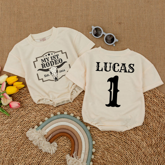Custom My First Rodeo Western Birthday Romper Baby Boy 1st Celebration Outfit Vintage Skull Design Short Sleeve Bodysuit Soft Cotton