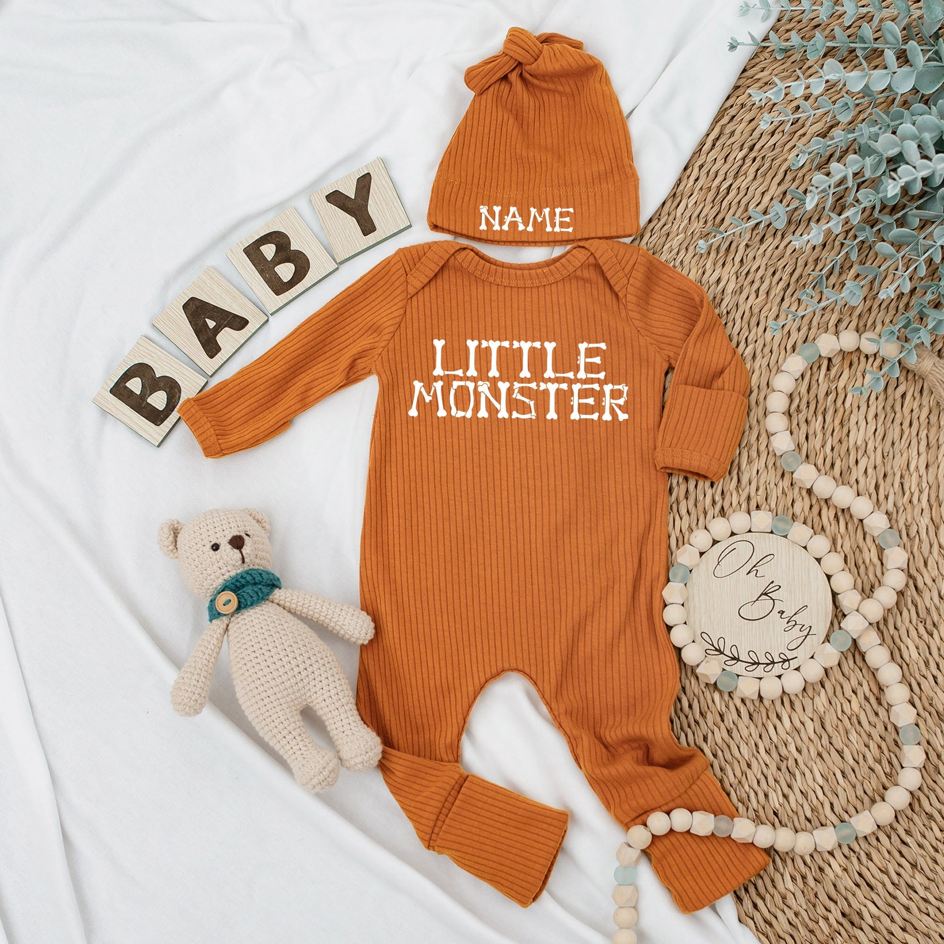 Little Monster Baby Bodysuit and Hat Set for Newborns Cute Halloween or Fall Baby Shower Gift Custom Name Outfit White Lettering