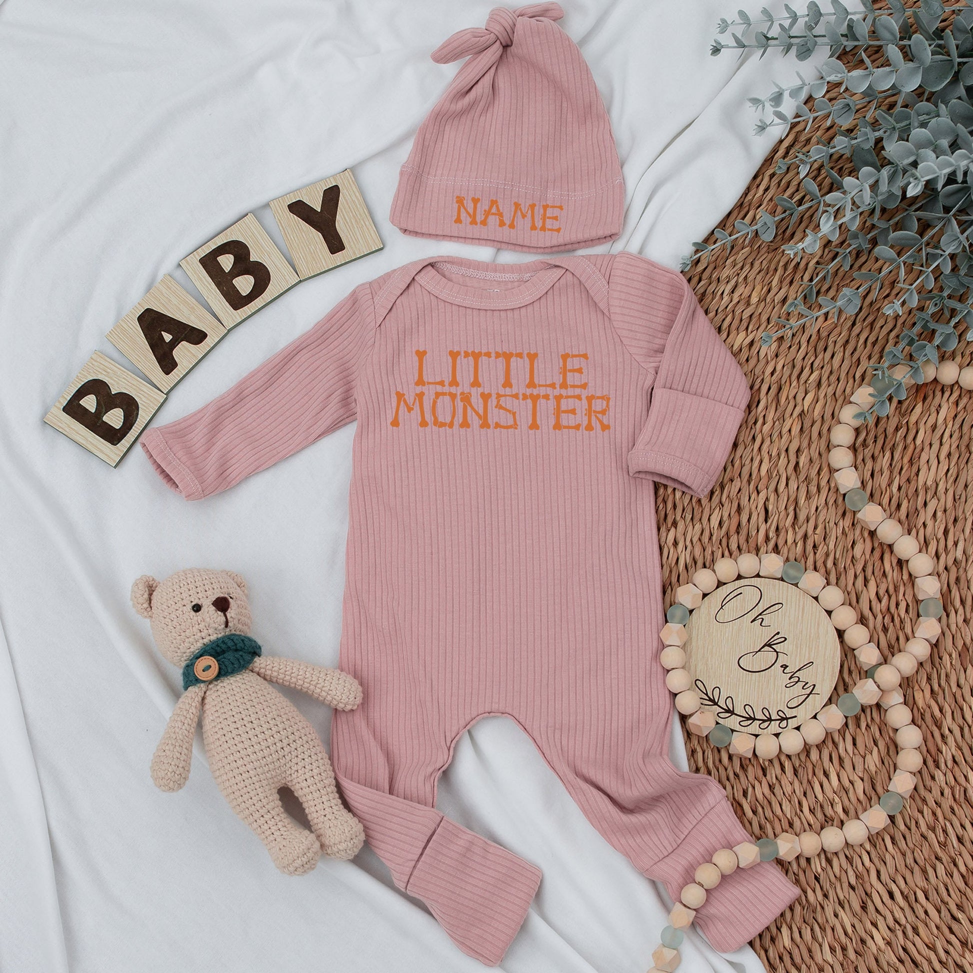 Little Monster Baby Bodysuit and Hat Set for Newborns Cute Halloween or Fall Baby Shower Gift Custom Name Outfit White Lettering