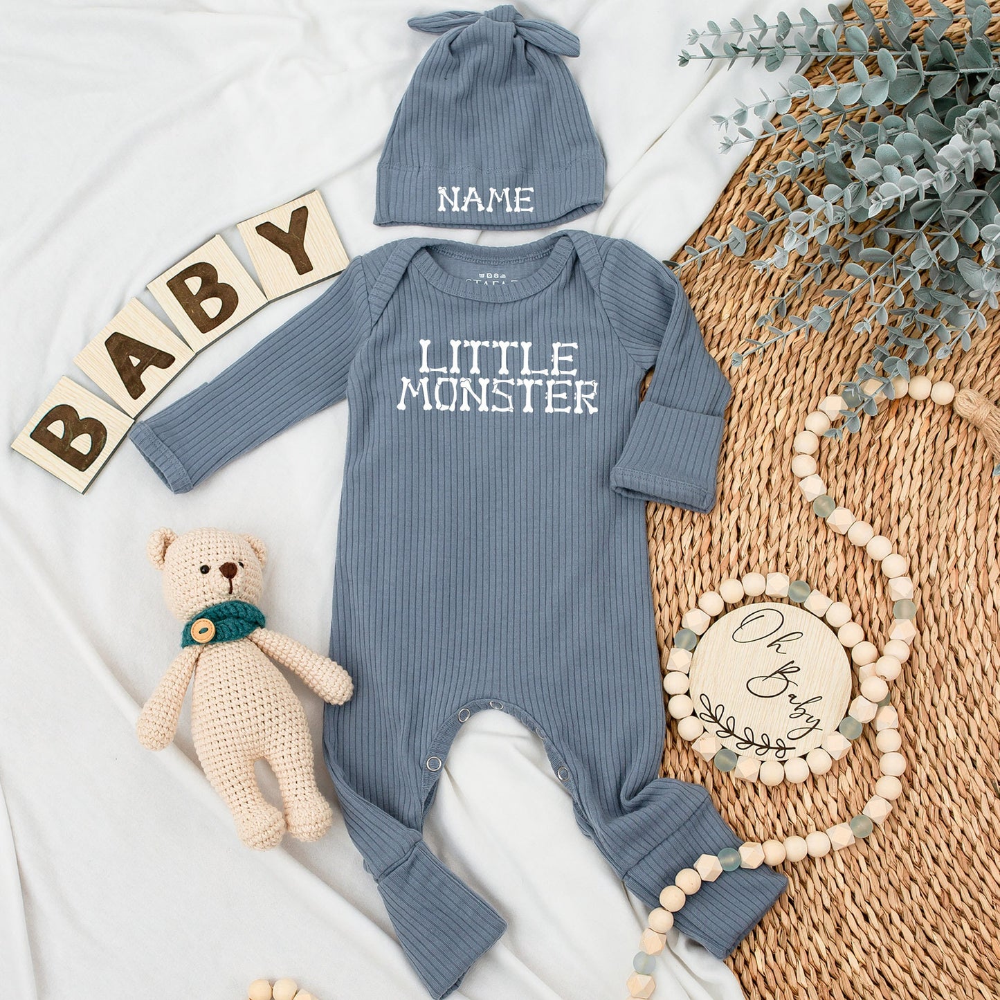 Little Monster Baby Bodysuit and Hat Set for Newborns Cute Halloween or Fall Baby Shower Gift Custom Name Outfit White Lettering