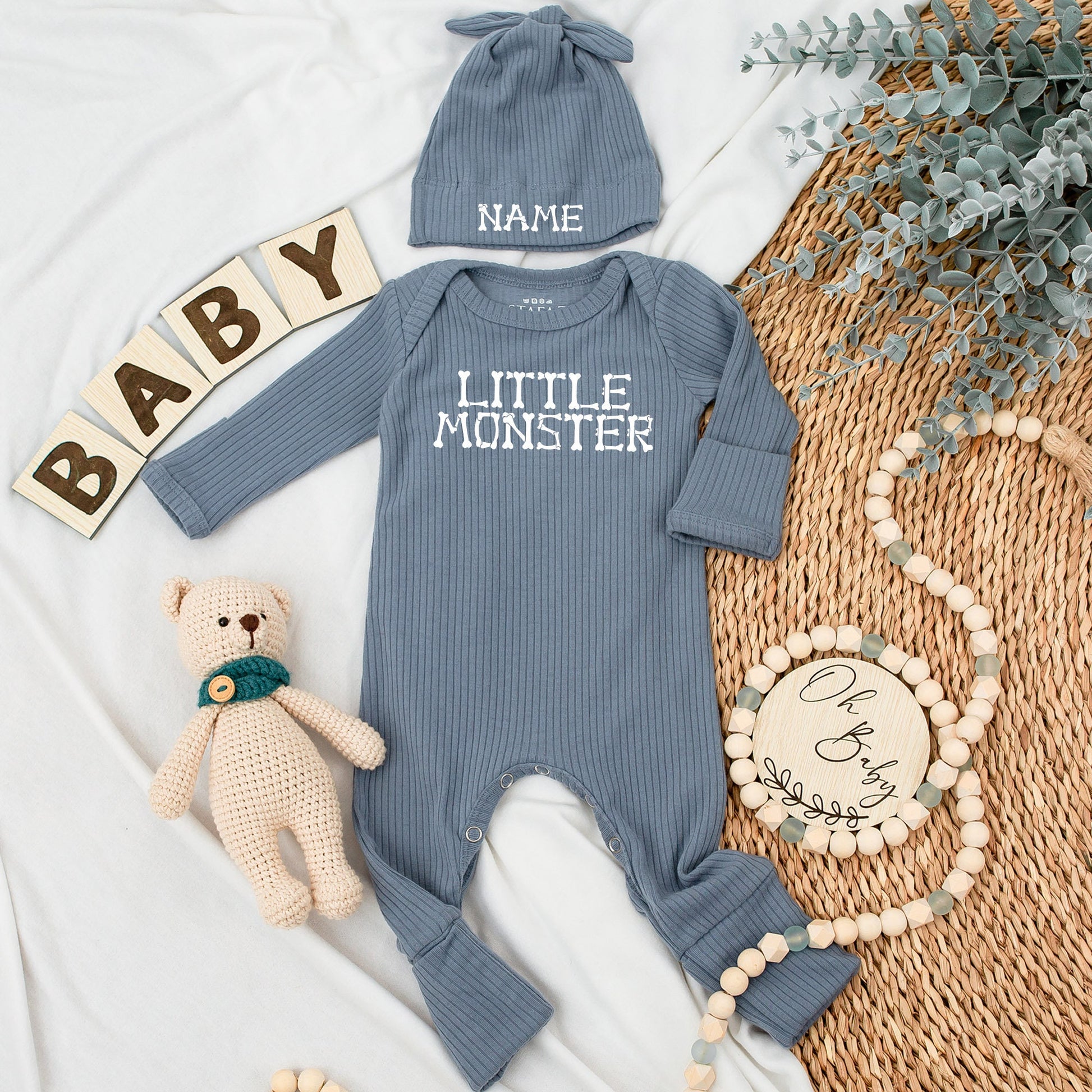 Little Monster Baby Bodysuit and Hat Set for Newborns Cute Halloween or Fall Baby Shower Gift Custom Name Outfit White Lettering