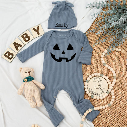 Baby's First Halloween Outfit: Smiling Jack-o'-Lantern Bodysuit, Black Geometric Design, Fun Pumpkin Season Baby Clothes