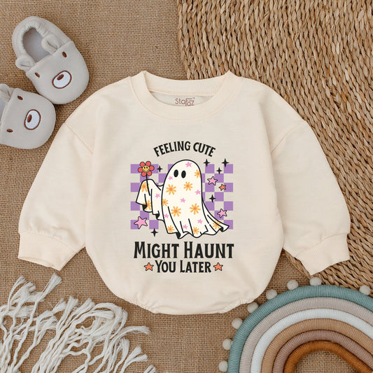 Cute Baby Ghost Bodysuit First Halloween Feeling Cute Might Haunt You Later Purple Checkered Whimsical Retro Infant Romper Fall Outfit