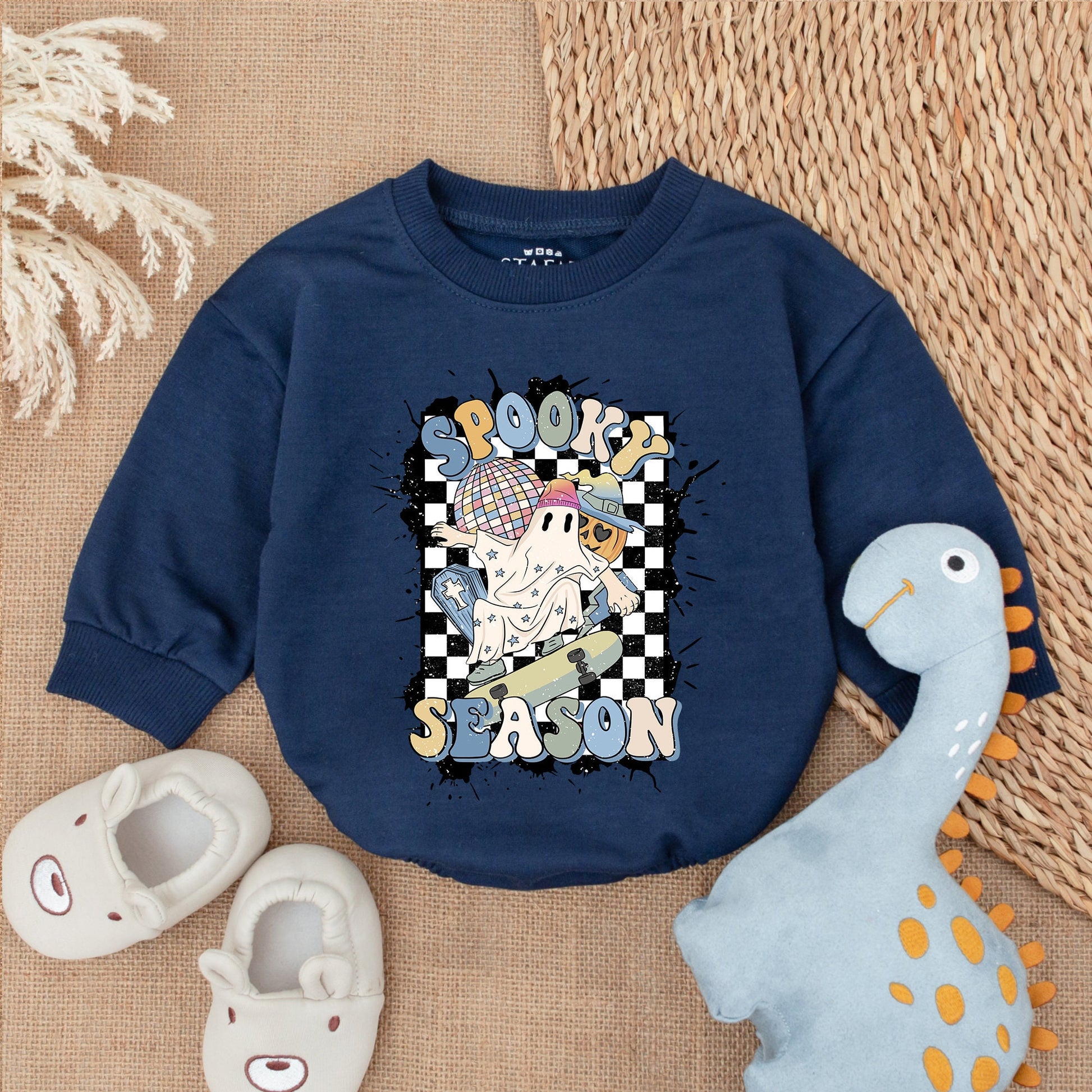 Spooky Season Ghost Skateboard Baby Bodysuit Retro Halloween Outfit Checkered Romper Cool Infant Clothes Fun Fall First Halloween Gift 137
