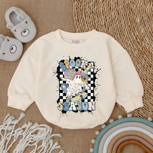 Spooky Season Ghost Skateboard Baby Bodysuit Retro Halloween Outfit Checkered Romper Cool Infant Clothes Fun Fall First Halloween Gift 137