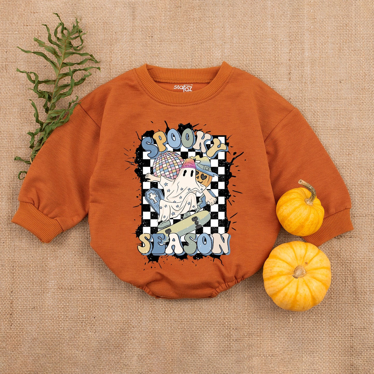 Spooky Season Ghost Skateboard Baby Bodysuit Retro Halloween Outfit Checkered Romper Cool Infant Clothes Fun Fall First Halloween Gift 137