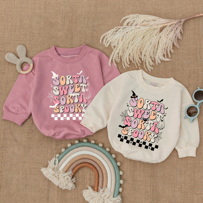 Sorta Sweet Sorta Spooky Halloween Bubble Romper Baby Bodysuit Pink Peach White Retro Vibe Ghost Bats Stars Checkered Pattern Toddler Clothes