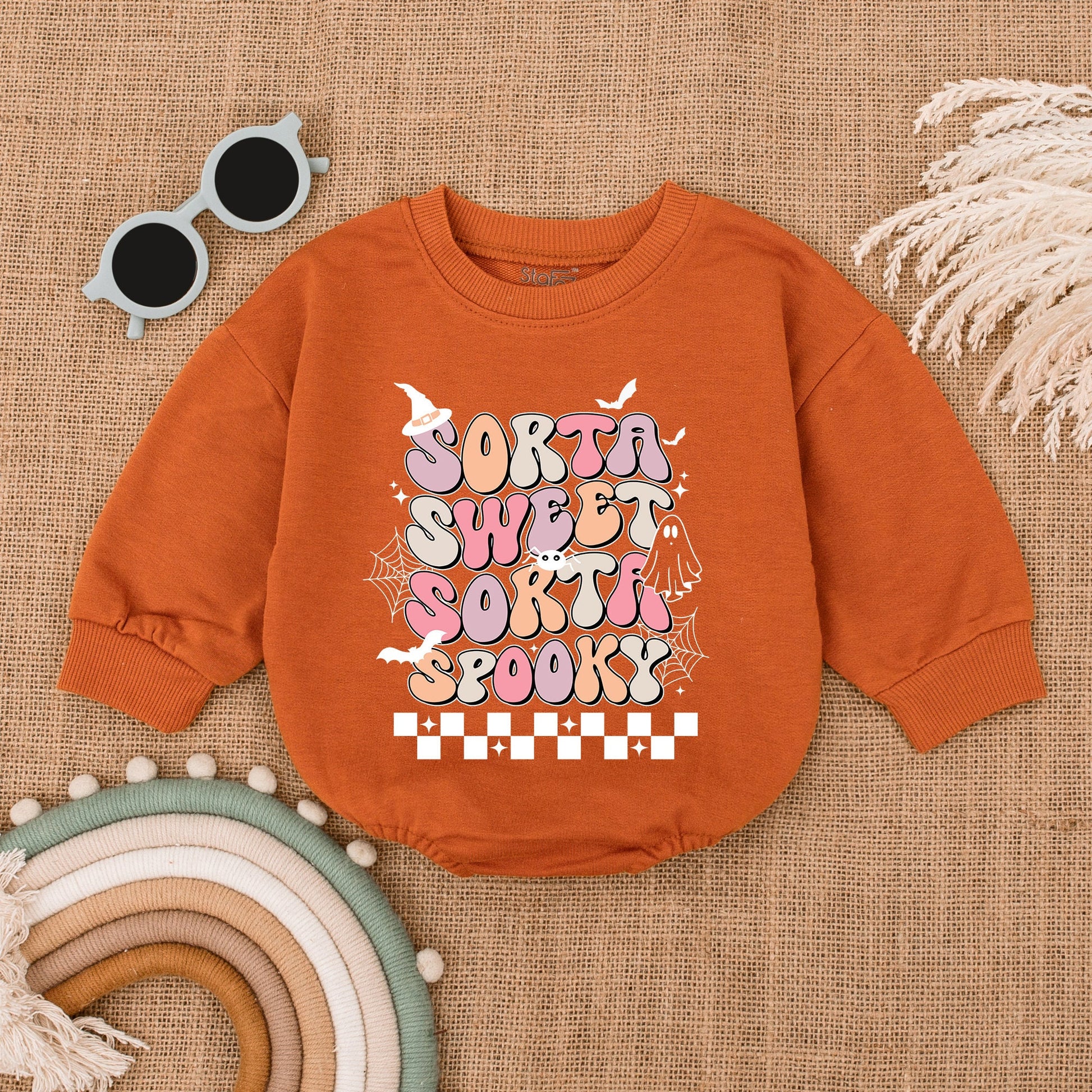 Sorta Sweet Sorta Spooky Halloween Bubble Romper Baby Bodysuit Pink Peach White Retro Vibe Ghost Bats Stars Checkered Pattern Toddler Clothes