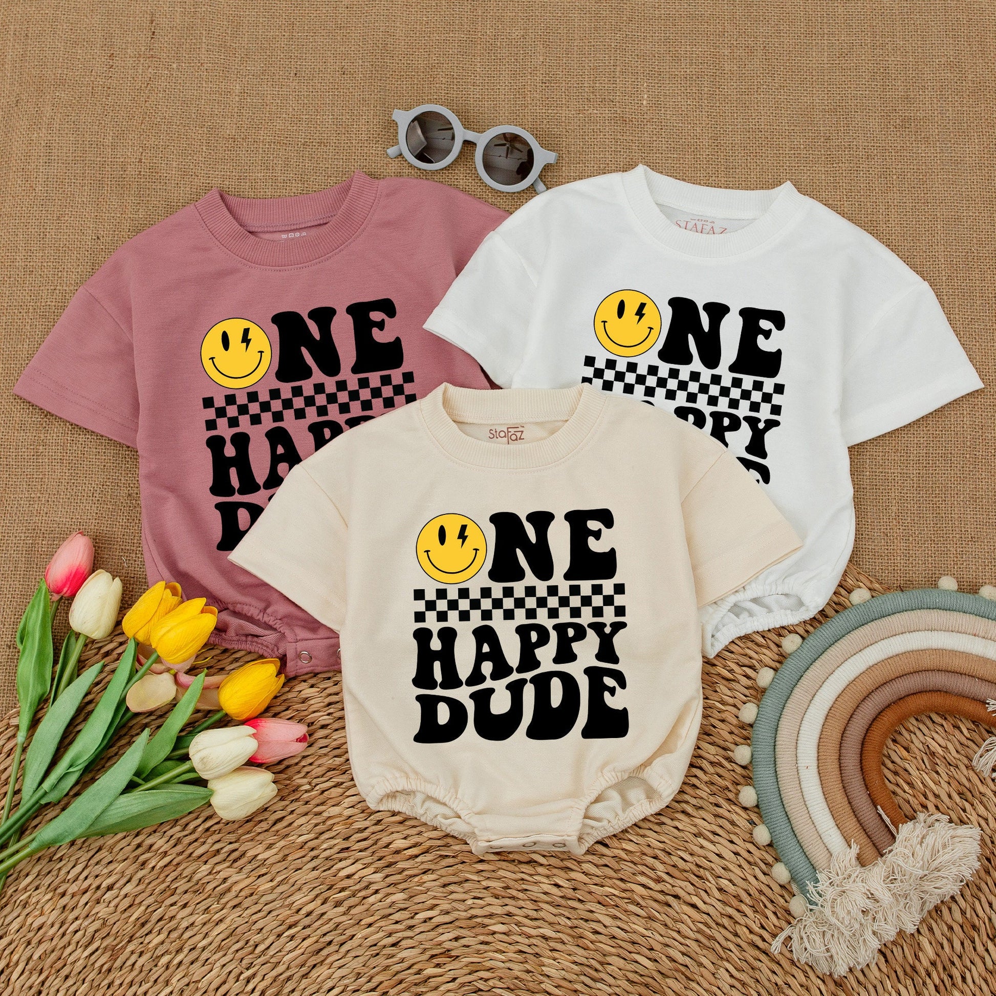 One Happy Dude Personalized Romper Smiley Face First Birthday Outfit Cool Baby Bodysuit Custom Name Cake Smash Clothes Boy Birthday Party