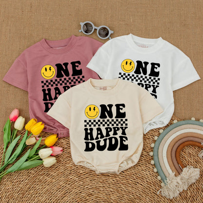 One Happy Dude Personalized Romper Smiley Face First Birthday Outfit Cool Baby Bodysuit Custom Name Cake Smash Clothes Boy Birthday Party
