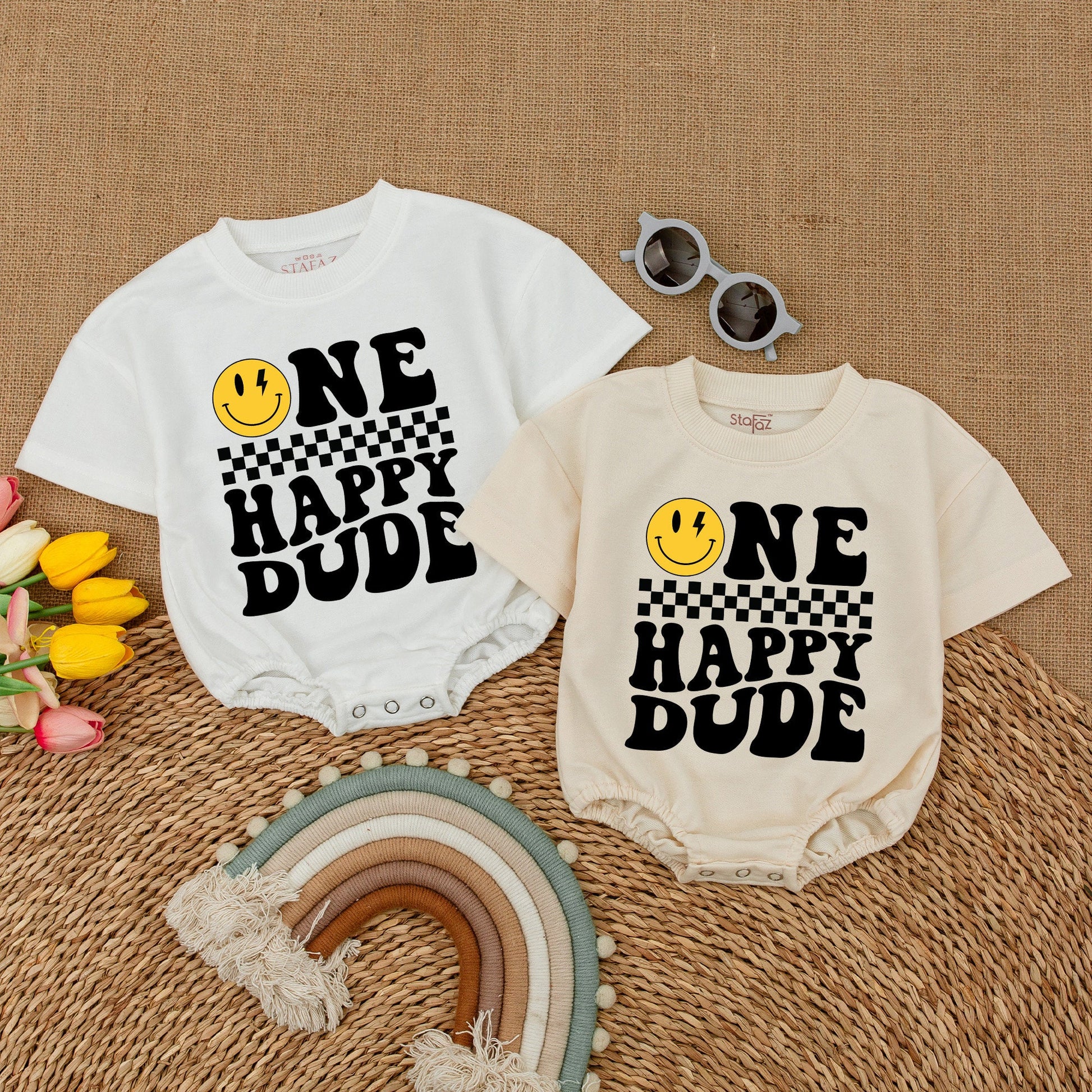 One Happy Dude Personalized Romper Smiley Face First Birthday Outfit Cool Baby Bodysuit Custom Name Cake Smash Clothes Boy Birthday Party