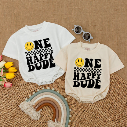 One Happy Dude Personalized Romper Smiley Face First Birthday Outfit Cool Baby Bodysuit Custom Name Cake Smash Clothes Boy Birthday Party
