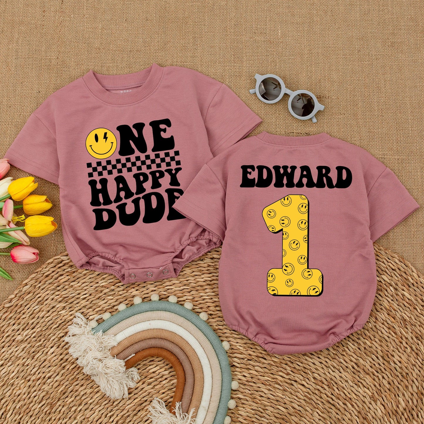 One Happy Dude Personalized Romper Smiley Face First Birthday Outfit Cool Baby Bodysuit Custom Name Cake Smash Clothes Boy Birthday Party