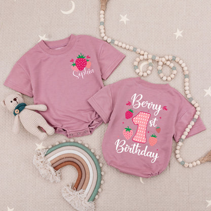 Personalized Strawberry Baby Girl First Birthday Bubble Romper Cute Berry 1st Birthday Bodysuit Soft Cotton Celebration Outfit