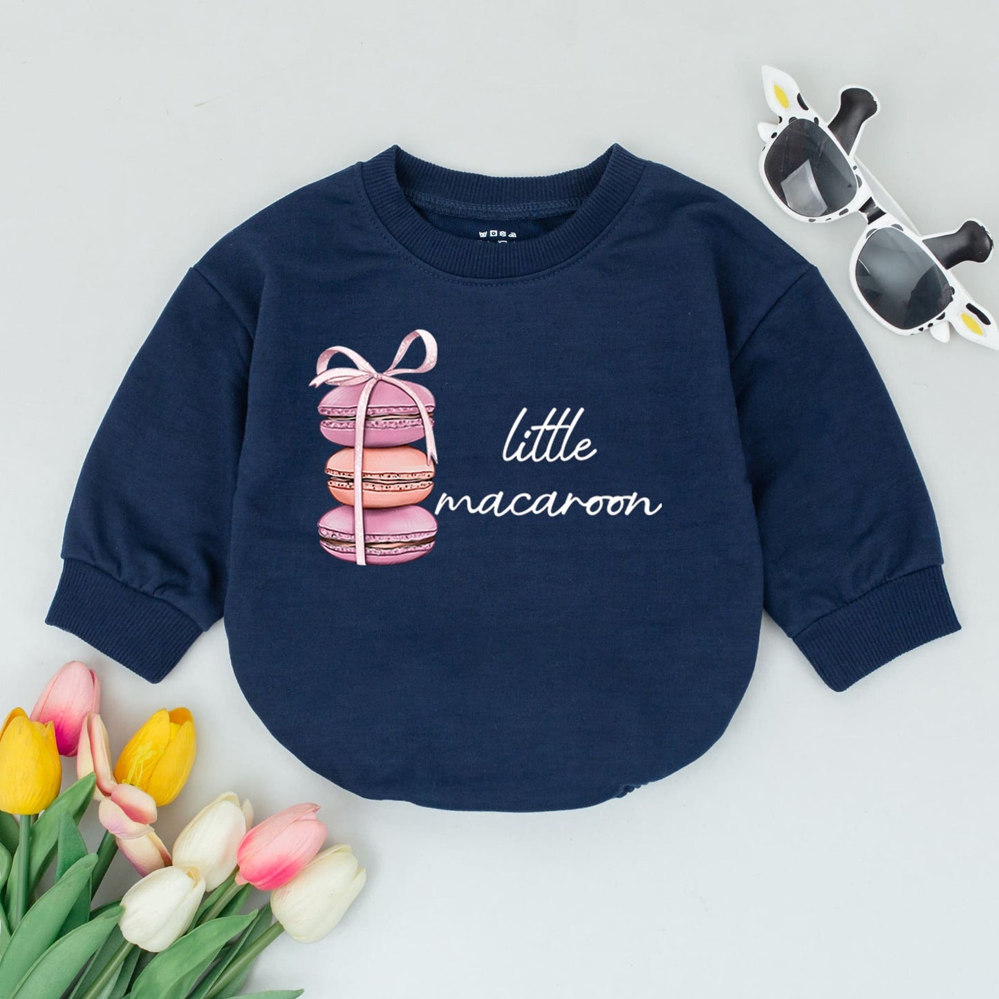 Little Macaroon Baby Bodysuit Cute French Macaron Food Outfit for Infant Girls & Boys Minimalist Pink Peach Stacked Cookies with Ribbon Design Baby Shower Gift