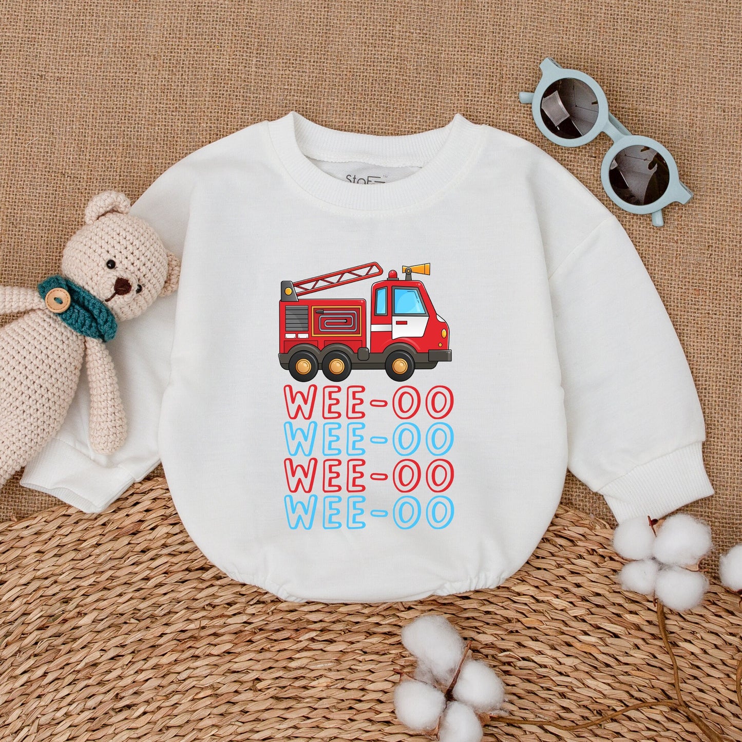 WEE-OO Firetruck Baby Romper Fun Cartoon Illustration Outfit for Boys and Girls Baby Shower Gift Comfortably Soft Cotton