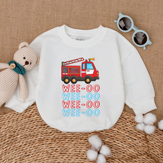WEE-OO Firetruck Baby Romper Fun Cartoon Illustration Outfit for Boys and Girls Baby Shower Gift Comfortably Soft Cotton