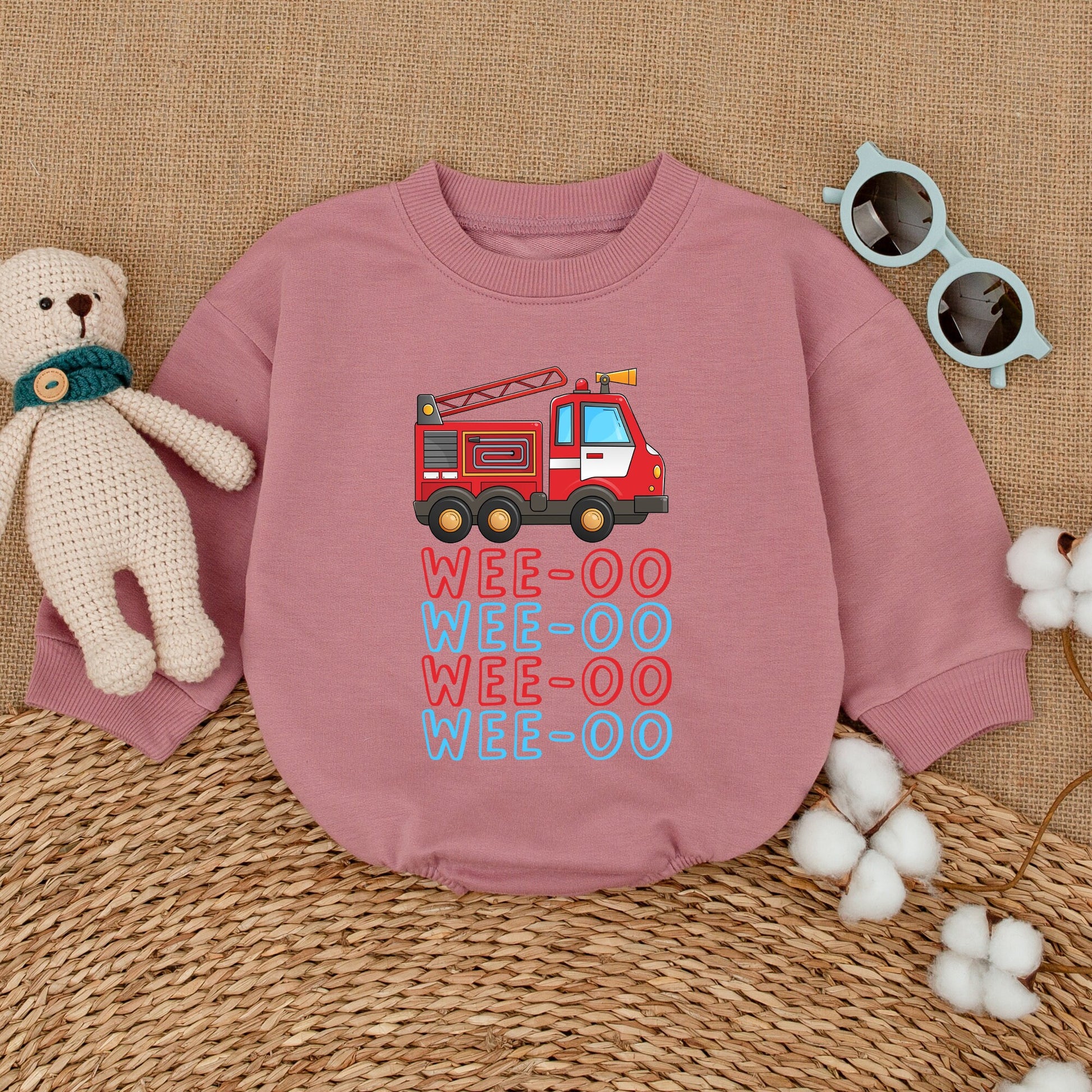 WEE-OO Firetruck Baby Romper Fun Cartoon Illustration Outfit for Boys and Girls Baby Shower Gift Comfortably Soft Cotton