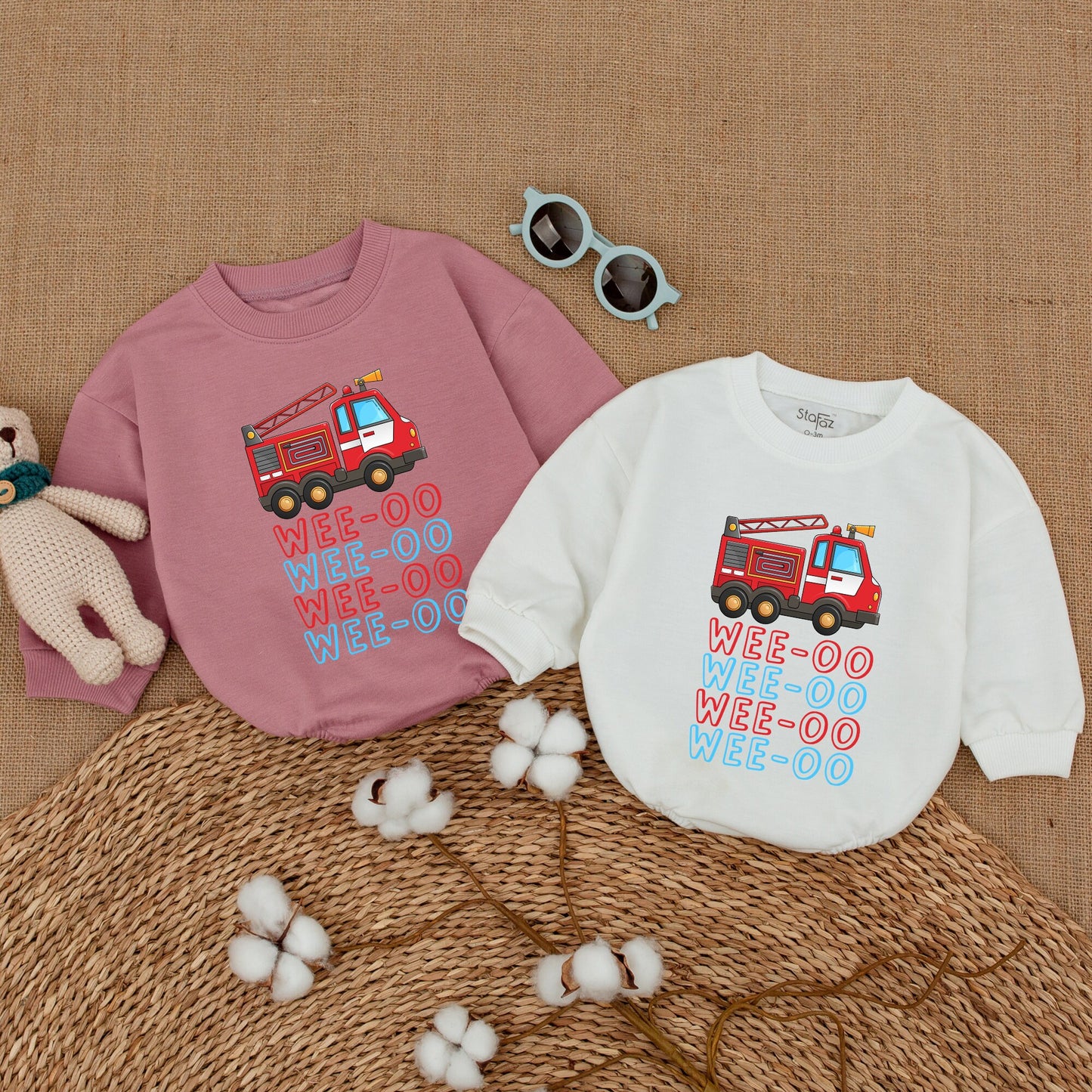 WEE-OO Firetruck Baby Romper Fun Cartoon Illustration Outfit for Boys and Girls Baby Shower Gift Comfortably Soft Cotton