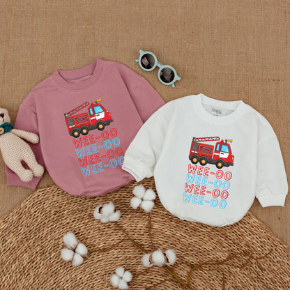 WEE-OO Firetruck Baby Romper Fun Cartoon Illustration Outfit for Boys and Girls Baby Shower Gift Comfortably Soft Cotton
