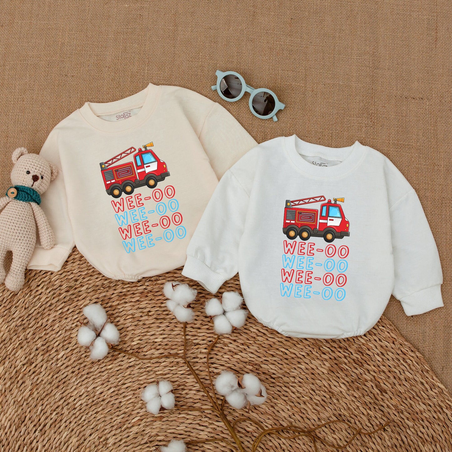 WEE-OO Firetruck Baby Romper Fun Cartoon Illustration Outfit for Boys and Girls Baby Shower Gift Comfortably Soft Cotton