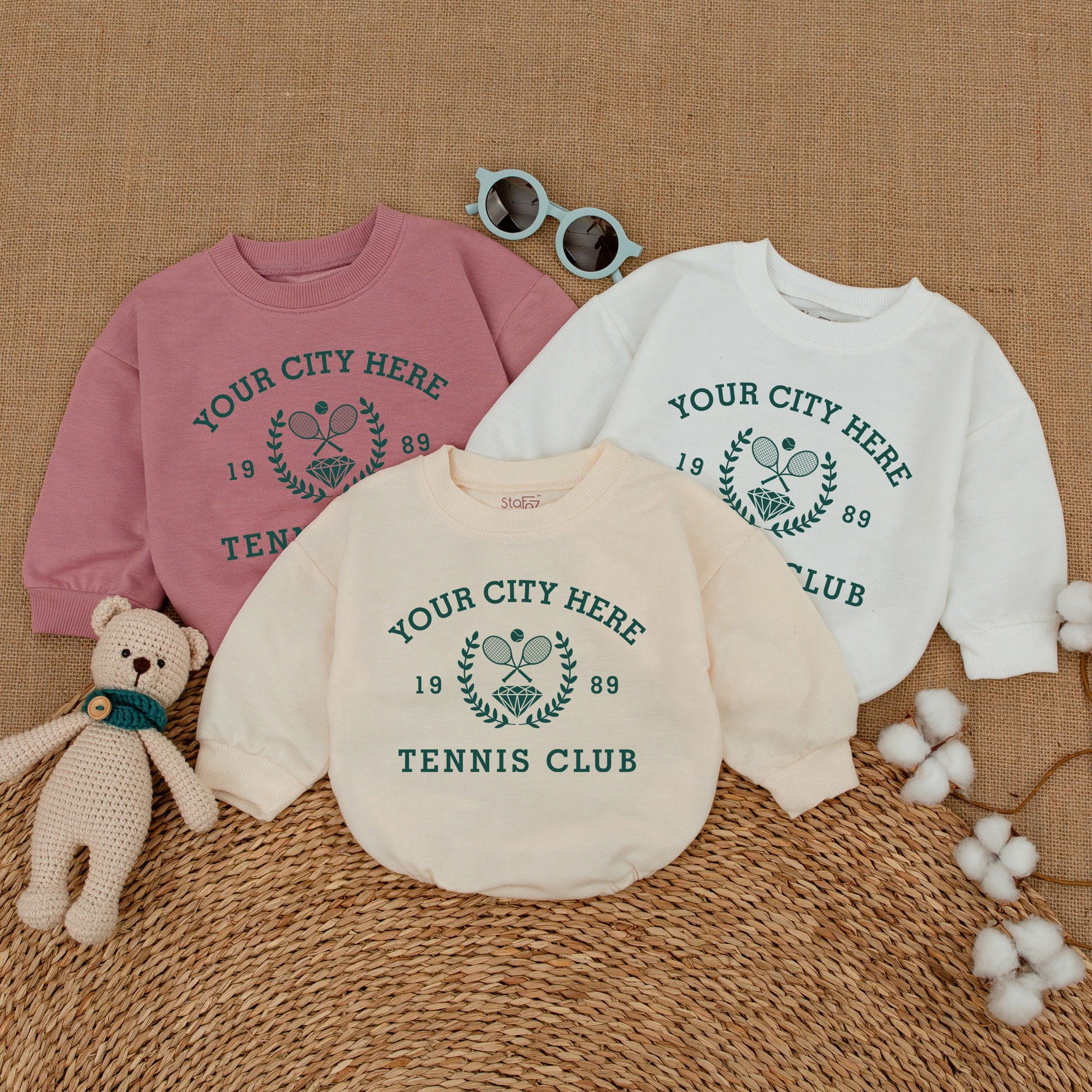 Vintage City Tennis Club Baby Romper Custom Year Tennis Bodysuit Dark Green Tennis Crew Baby Clothes Boy Bubble Romper Tennis Baby Shower Gift