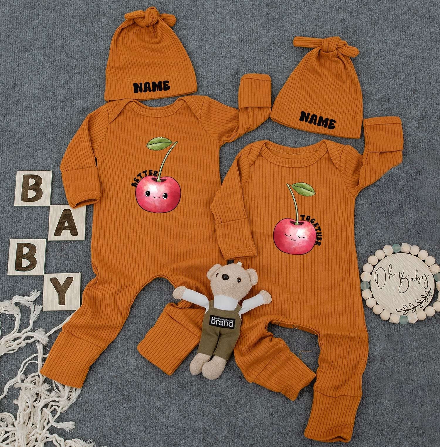 Burger & Fries Twin Bodysuits Set – Funny Work Load Outfit, Cute Newborn Baby Clothes with Hats, Gender Neutral Gift for Twins, Retro Natural Style 138