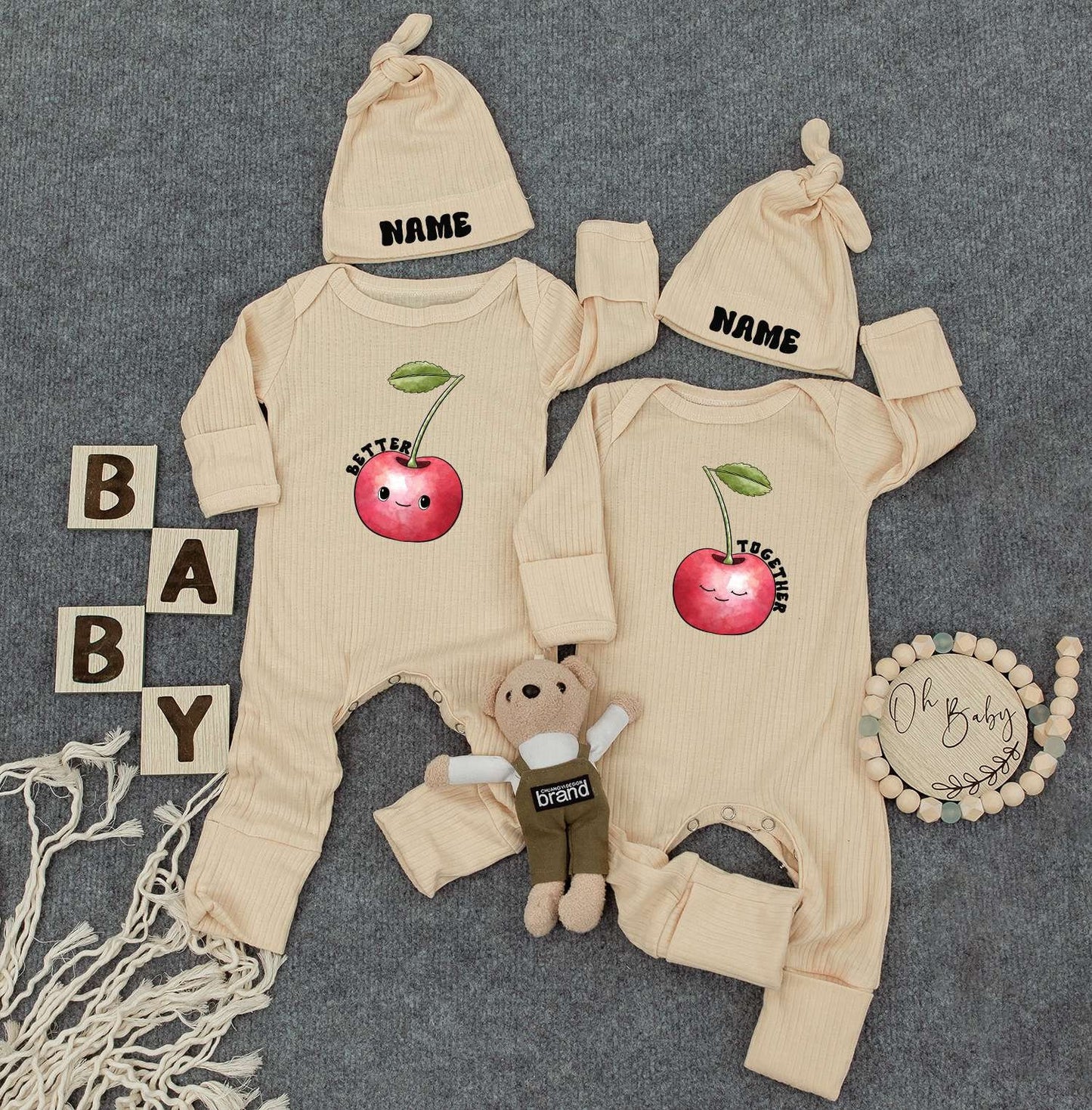 Burger & Fries Twin Bodysuits Set – Funny Work Load Outfit, Cute Newborn Baby Clothes with Hats, Gender Neutral Gift for Twins, Retro Natural Style 138