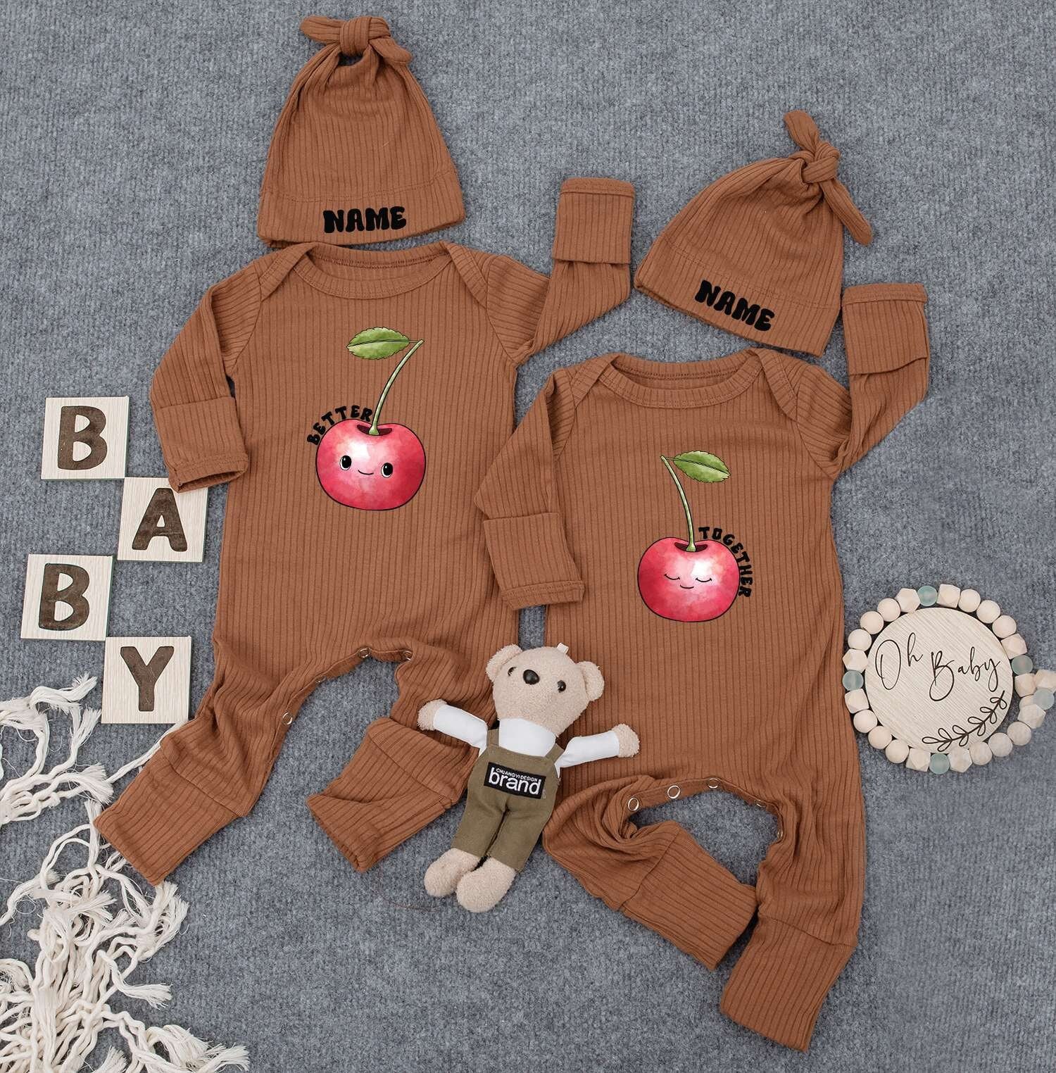 Burger & Fries Twin Bodysuits Set – Funny Work Load Outfit, Cute Newborn Baby Clothes with Hats, Gender Neutral Gift for Twins, Retro Natural Style 138
