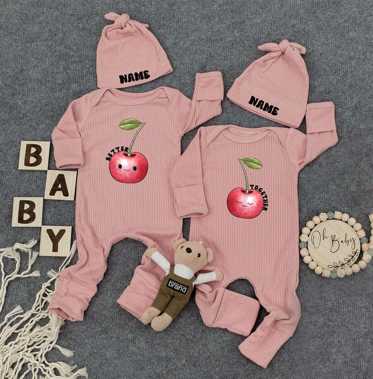 Burger & Fries Twin Bodysuits Set – Funny Work Load Outfit, Cute Newborn Baby Clothes with Hats, Gender Neutral Gift for Twins, Retro Natural Style 138