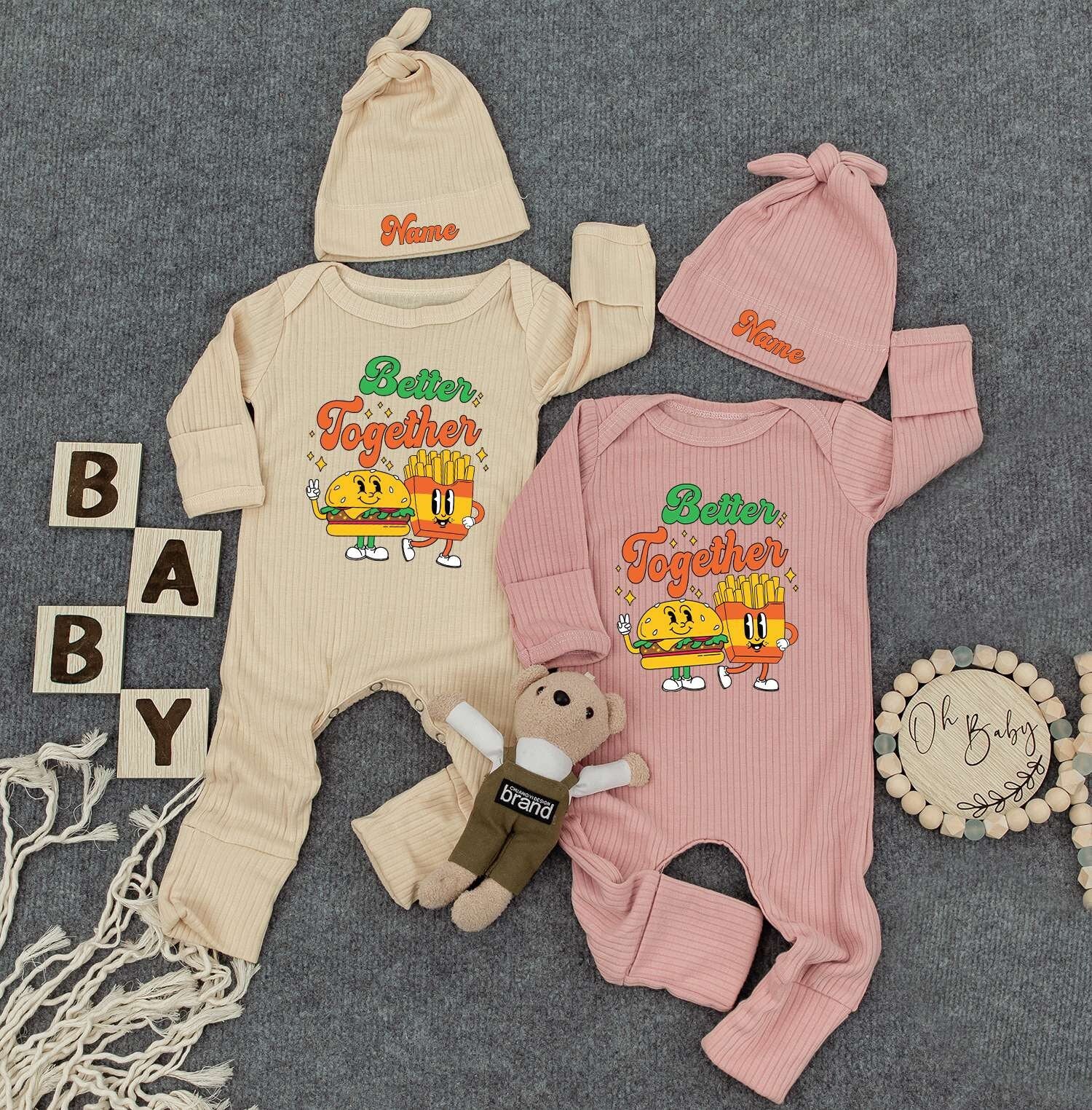 Better Together Twin Bodysuits & Hats, Funny Fries Burger Twin Outfit, Newborn Baby Gift, Set of 2, Cute Infant Clothes