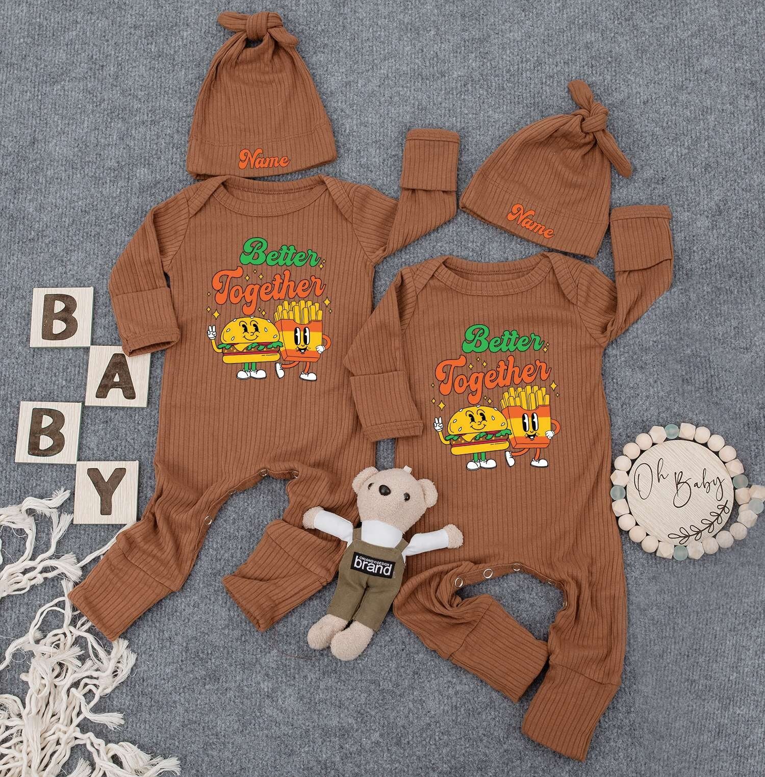 Better Together Twin Bodysuits & Hats, Funny Fries Burger Twin Outfit, Newborn Baby Gift, Set of 2, Cute Infant Clothes