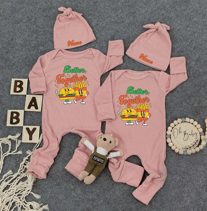 Better Together Twin Bodysuits & Hats, Funny Fries Burger Twin Outfit, Newborn Baby Gift, Set of 2, Cute Infant Clothes