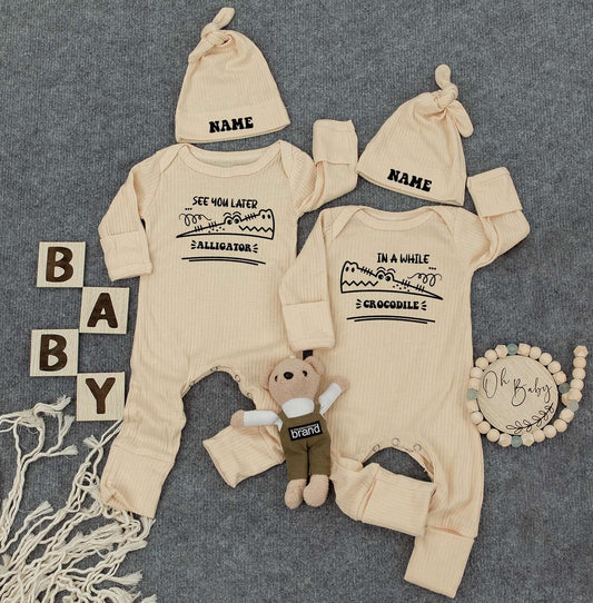 See You Later Alligator Crocodile Twin Bodysuit Set Cute Cartoon Baby Outfit Newborn Gift 2 Hats