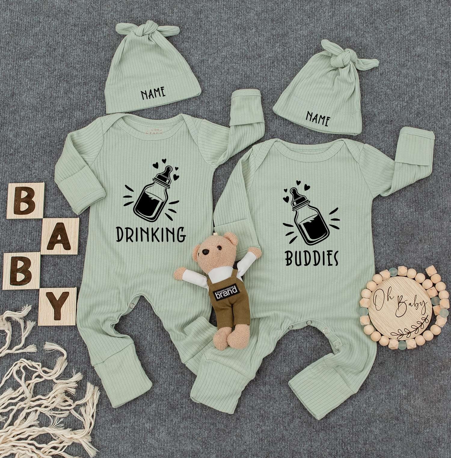 Drinking Buddies Twin Bodysuits & Hats - Funny Womb Mates Outfit for Newborn Twins, Cute Baby Gift Set