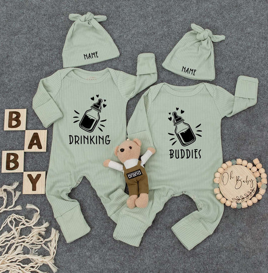 Drinking Buddies Twin Bodysuits & Hats - Funny Womb Mates Outfit for Newborn Twins, Cute Baby Gift Set