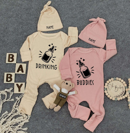 Drinking Buddies Twin Bodysuits & Hats - Funny Womb Mates Outfit for Newborn Twins, Cute Baby Gift Set