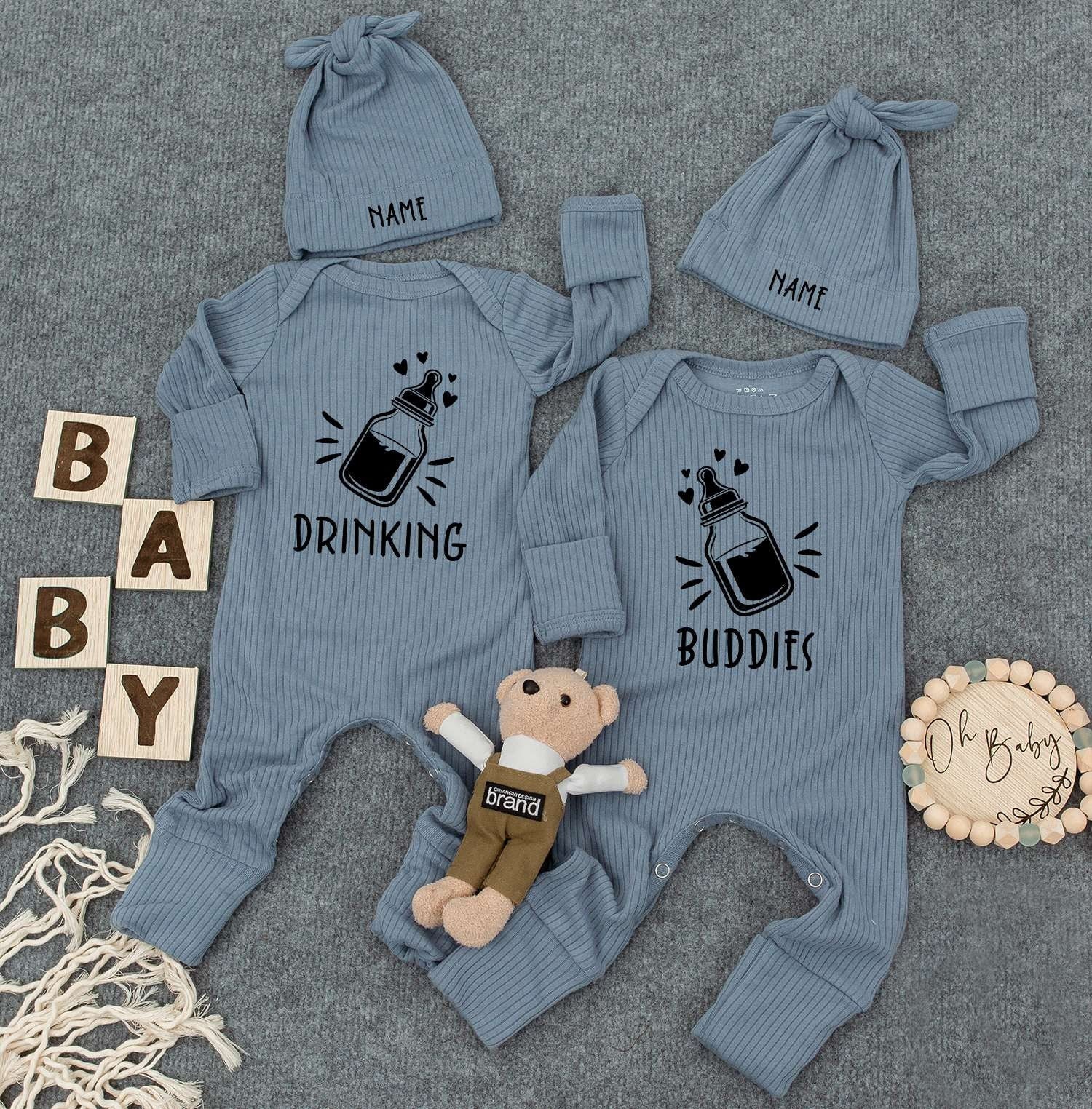 Drinking Buddies Twin Bodysuits & Hats - Funny Womb Mates Outfit for Newborn Twins, Cute Baby Gift Set