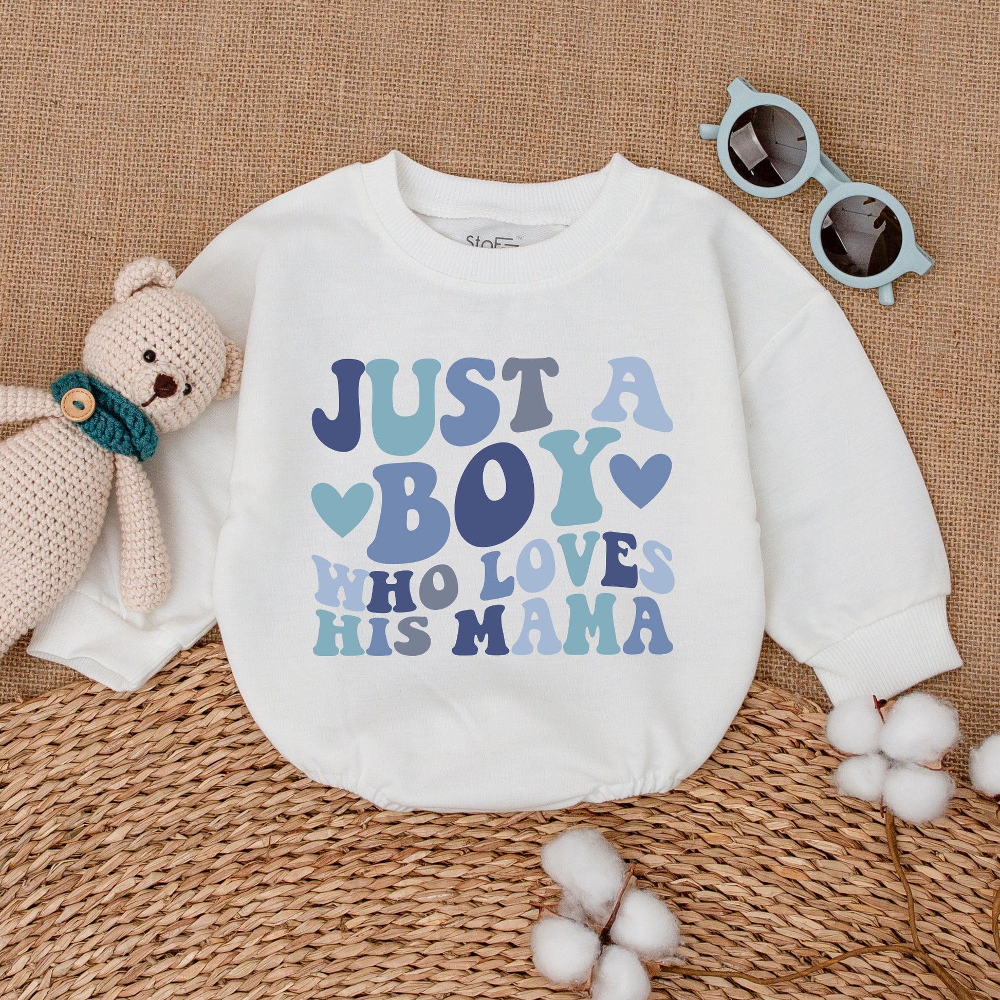 Just A Boy Who Loves His Mama Retro Baby Boy Romper Blue Text Heart Design Baby Shower Gift Newborn Clothes