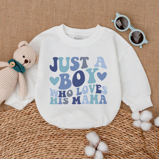 Just A Boy Who Loves His Mama Retro Baby Boy Romper Blue Text Heart Design Baby Shower Gift Newborn Clothes