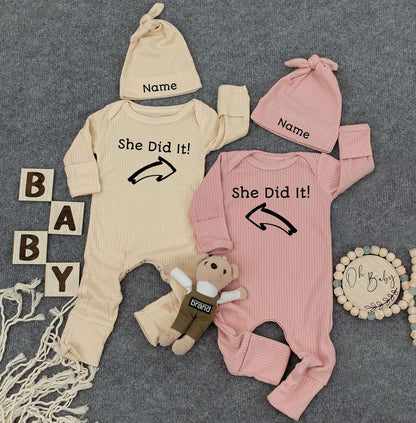 Newborn Twin Outfits, She Did It Twin Sets & Matching Hats, Funny Twin Outfits, Unisex Twin Outfits