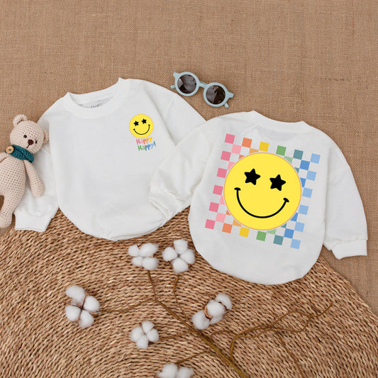 Smiley Face Baby Bodysuit Rainbow Happy Face Romper Minimalist Checkered Outfit Baby Shower Newborn Gift